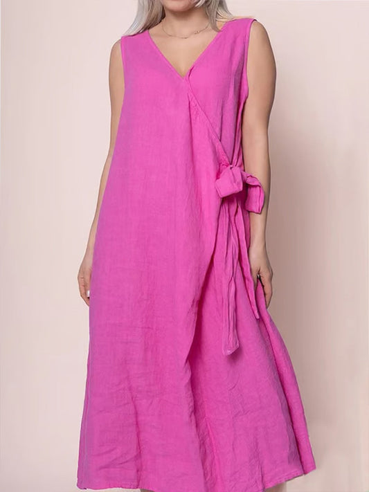 Women's Simple Solid Color Linen Lace-up Dress