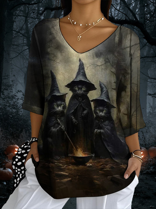 Women’s Witch Cats Print Casual Half-Sleeve Top