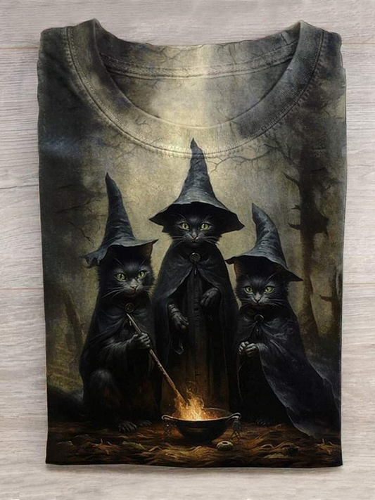 Women's Halloween Cat Witches Print Casual Tee