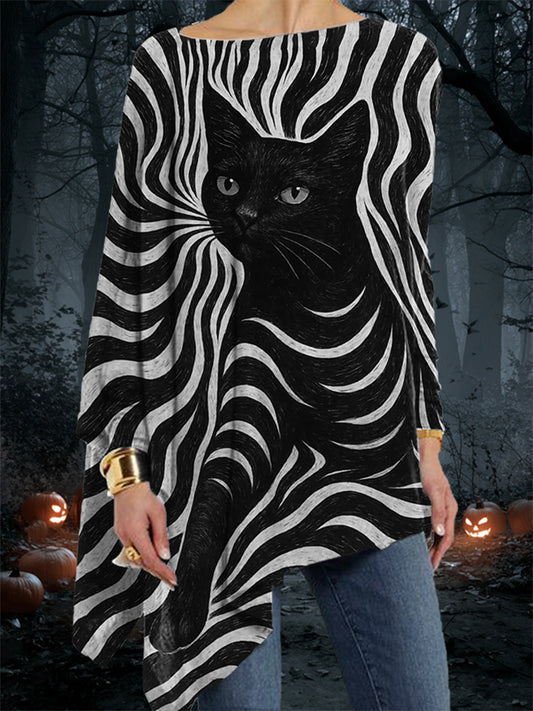 Women's Halloween Black Cat Stripes Print Casual Top