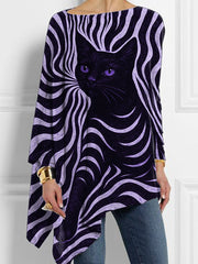 Women's Halloween Black Cat Stripes Print Casual Top