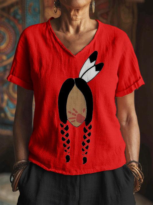 Women's MMIW Print Linen V-Neck Shirt