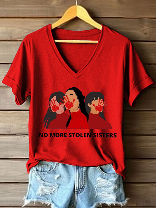 Women's MMIW No More Stolen Sisters Print V-Neck T-Shirt