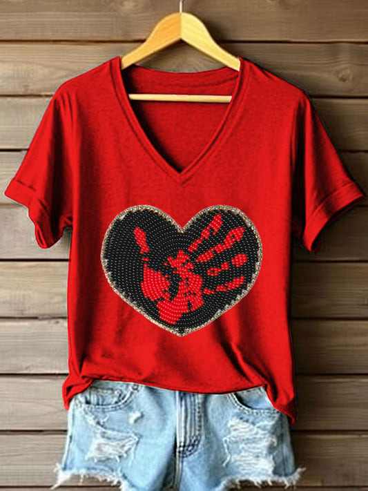 Women's MMIW Inspired Heart Pattern V-Neck T-Shirt