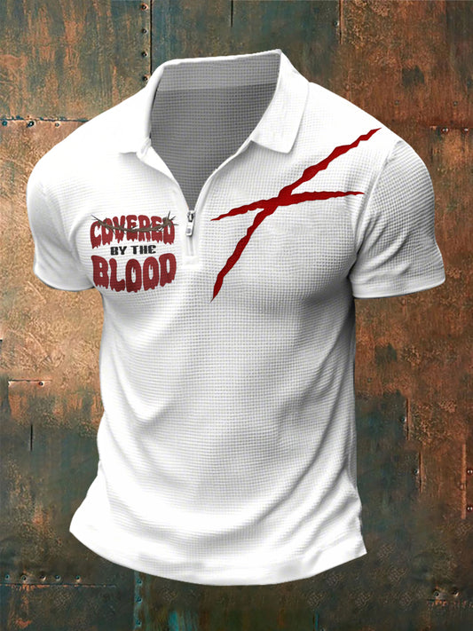 Men's Covered By The Blood Print zip up short sleeve