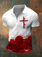 Men's Blood And Jesus Cross Print zip up short sleeve