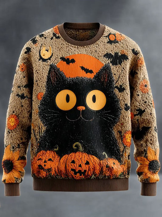 Men's Halloween Black Cat Knitted Sweater
