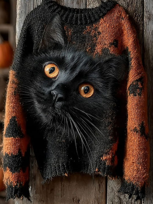 Women's Halloween Black Cat Knitted Sweater
