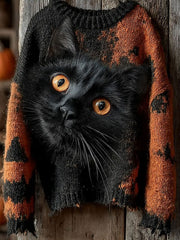 Women's Halloween Black Cat Knitted Sweater