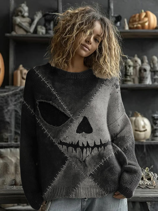 Women's Halloween Spooky Face Stitched Print Sweater
