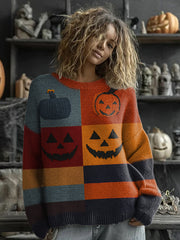 Women's Halloween Pumpkin Face Stitched Print Sweater