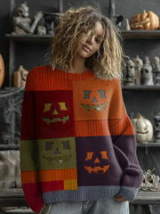 Women's Halloween Pumpkin Face Stitched Print Sweater