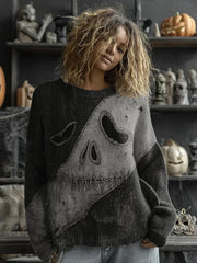 Women's Halloween Spooky Face Stitched Print Sweater