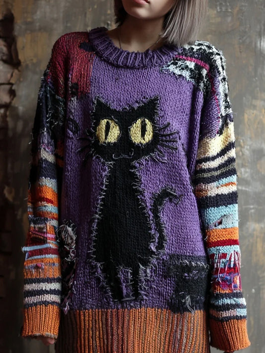 Women's Halloween Black Cat Embroidered Patchwork Long Knitted Sweater