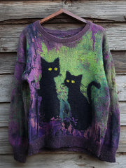 Women's Halloween Black Cat Color Clash Knitted Sweater