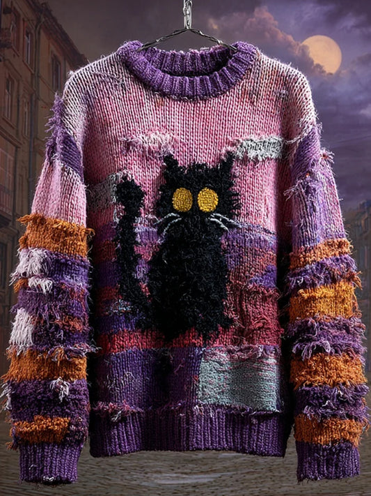 Women's Halloween Black Cat Embroidered Patchwork Cozy Knitted Sweater