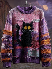 Women's Halloween Black Cat Embroidered Patchwork Cozy Knitted Sweater