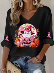 Women's Breast Cancer Pink Ribbon Pumpkin Ghost Waffle Print Casual T-Shirt