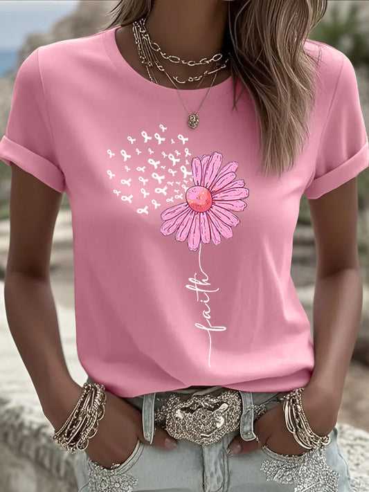 Women's Pink Ribbon Sunflower Print Breast Cancer Awareness Support Tee