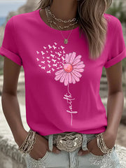Women's Pink Ribbon Sunflower Print Breast Cancer Awareness Support Tee
