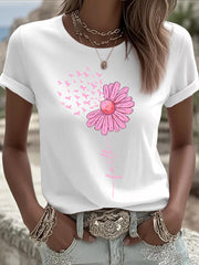 Women's Pink Ribbon Sunflower Print Breast Cancer Awareness Support Tee