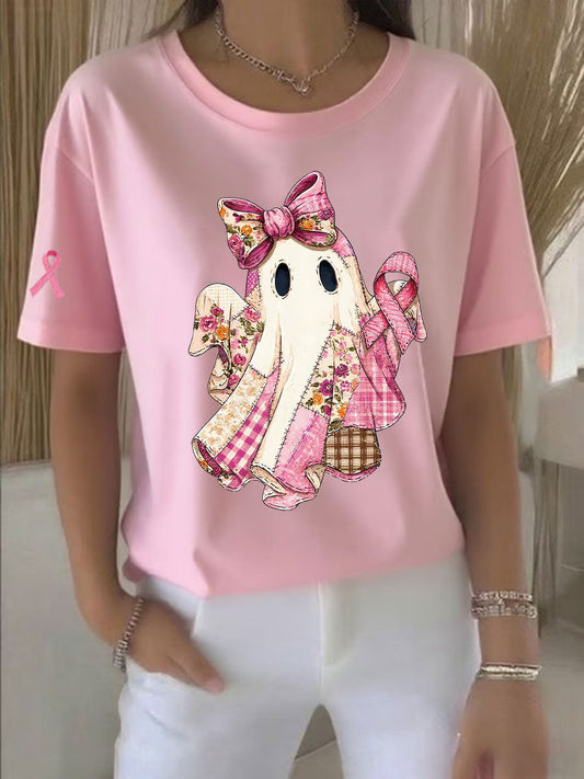 Women's Breast Cancer Awareness Pink Ribbon Print Casual T-shirt