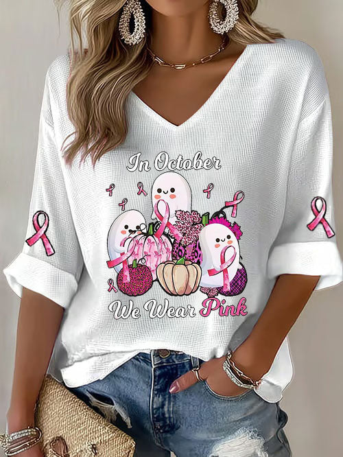 Women's Breast Cancer Pink Ribbon Pumpkin Ghost Waffle Print Casual T-Shirt
