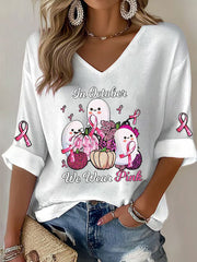 Women's Breast Cancer Pink Ribbon Pumpkin Ghost Waffle Print Casual T-Shirt