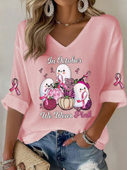 Women's Breast Cancer Pink Ribbon Pumpkin Ghost Waffle Print Casual T-Shirt