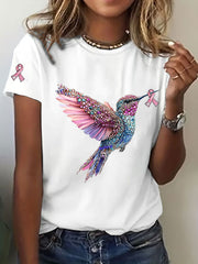 Women's Breast Cancer Awareness Hummingbird Print Casual T-Shirt