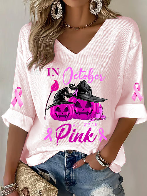 Women's Breast Cancer Pink Ribbon Pumpkin Witch Waffle Print Casual T-Shirt