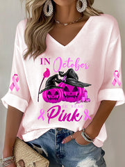 Women's Breast Cancer Pink Ribbon Pumpkin Witch Waffle Print Casual T-Shirt