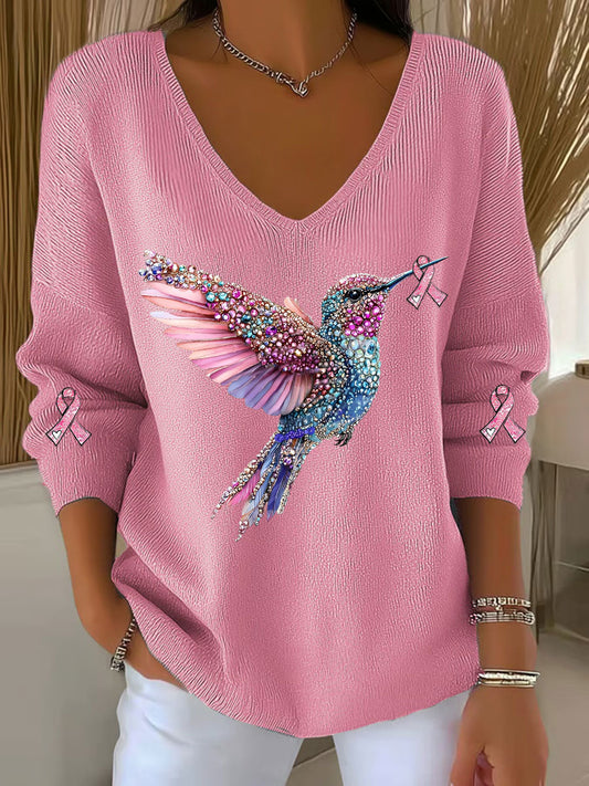 Women's Breast Cancer Awareness Hummingbird Print Casual Top