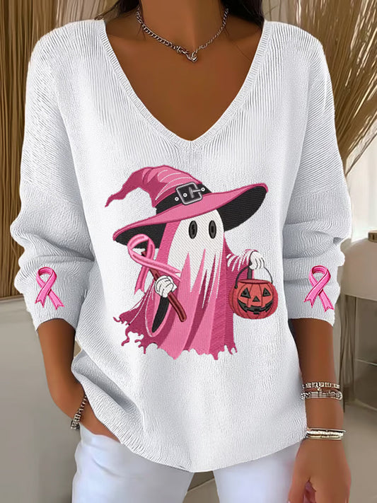 Women's Breast Cancer Pink Ribbon Ghost Pumpkin V-Neck Ribbed Top