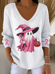 Women's Breast Cancer Pink Ribbon Ghost Pumpkin V-Neck Ribbed Top