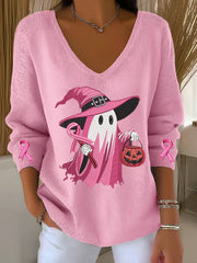 Women's Breast Cancer Pink Ribbon Ghost Pumpkin V-Neck Ribbed Top