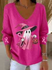 Women's Breast Cancer Pink Ribbon Ghost Pumpkin V-Neck Ribbed Top