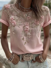 Women's Retro Pink Rose Art Print Casual T-shirt