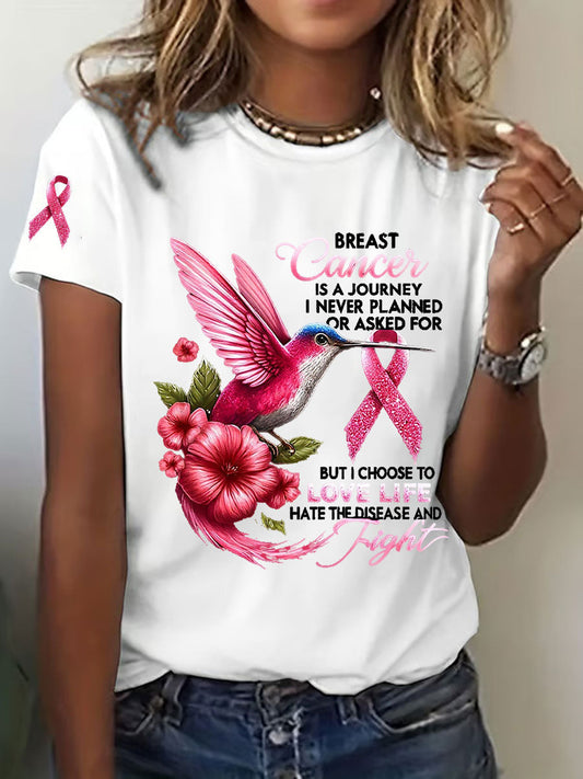 Women's Breast Cancer Awareness Hummingbird Print Casual T-Shirt