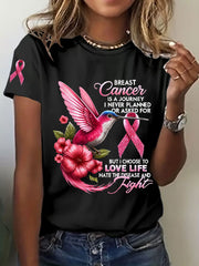 Women's Breast Cancer Awareness Hummingbird Print Casual T-Shirt