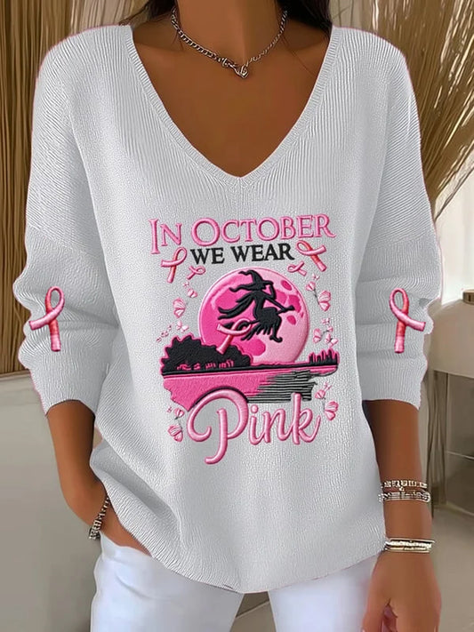 Women's Breast Cancer Awareness  We Wear Pink Witch Pit Stripe Long Sleeve Top