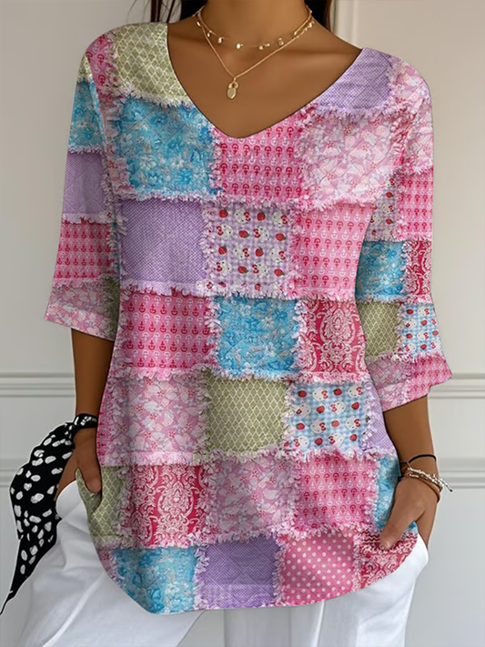 Women's Pink Patchwork Print Casual T-shirt