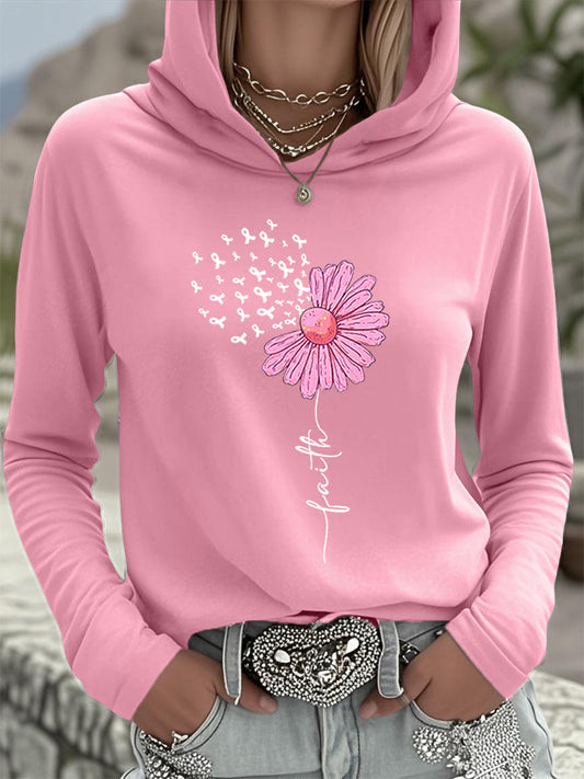 Women's Pink Ribbon Sunflower Faith Breast Cancer Awareness Support Hooded Top