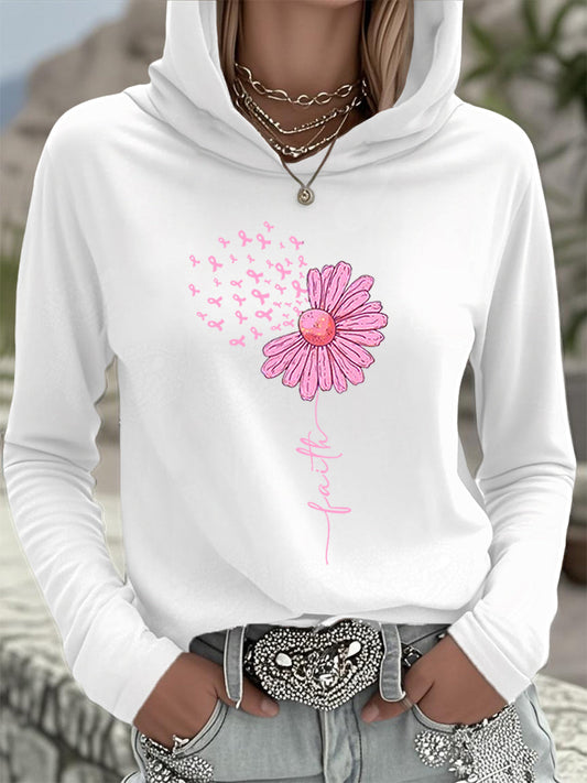 Women's Pink Ribbon Sunflower Faith Breast Cancer Awareness Support Hooded Top
