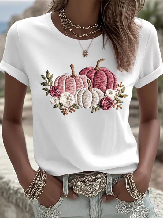 Women's Pink Pumpkin Print Casual T-shirt