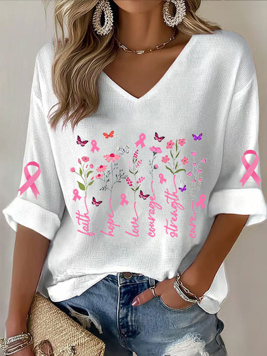 Women's Breast Cancer Awareness Pink Ribbon Faith  Printed V-Neck Top
