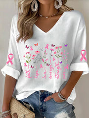 Women's Breast Cancer Awareness Pink Ribbon Faith  Printed V-Neck Top