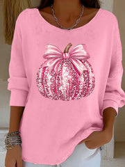 Women's Pink Pumpkin Print Breast Cancer Awareness Support Long Sleeve Top