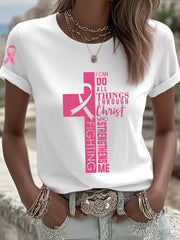 Women's Breast Cancer Awareness Pink Ribbon Faith Cross Short Sleeve  T-shirt