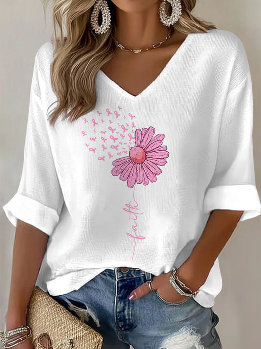 Women's Pink Ribbon Sunflower Faith Breast Cancer Awareness Support V-Neck Top